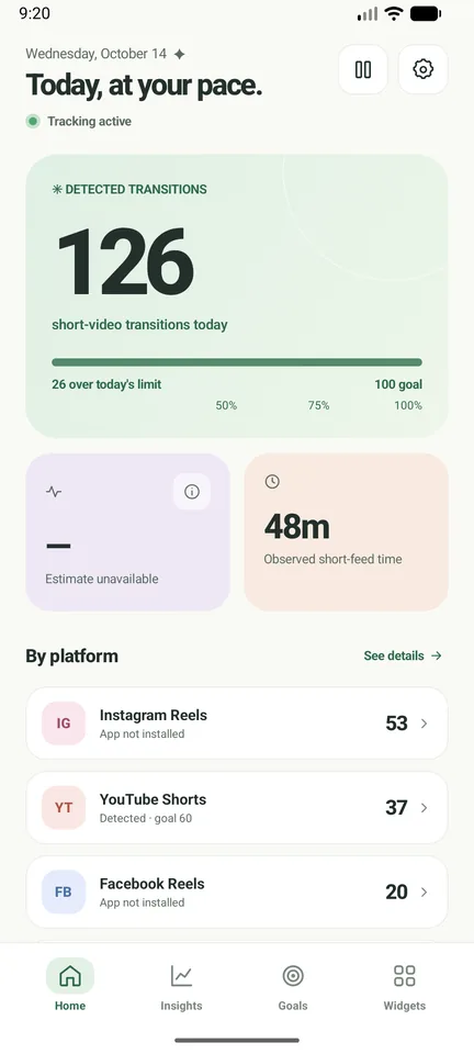 Home screen with today’s count of 126 short videos